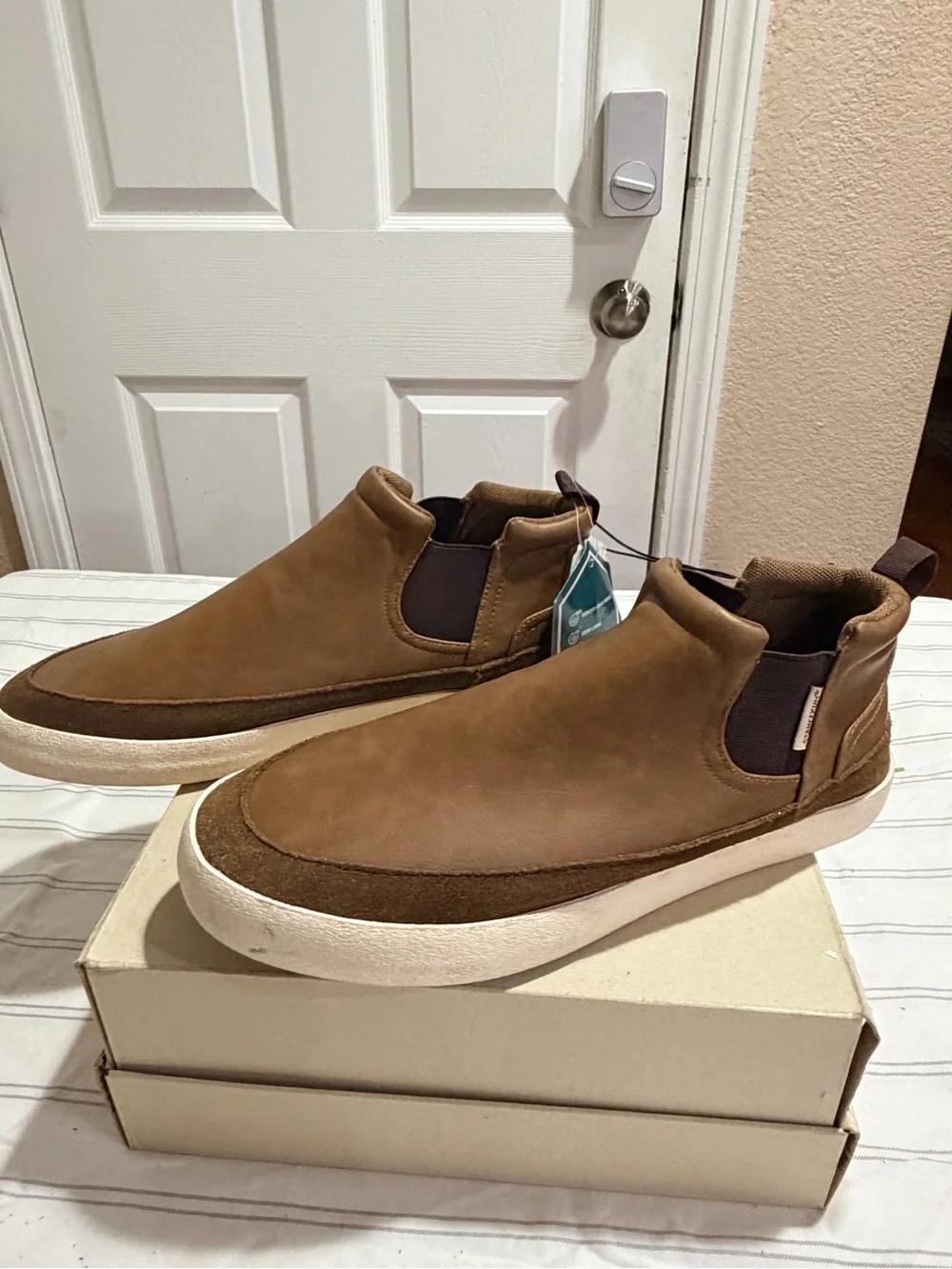 Men's Brown Leather-Style Slip-On Boots with White Sole